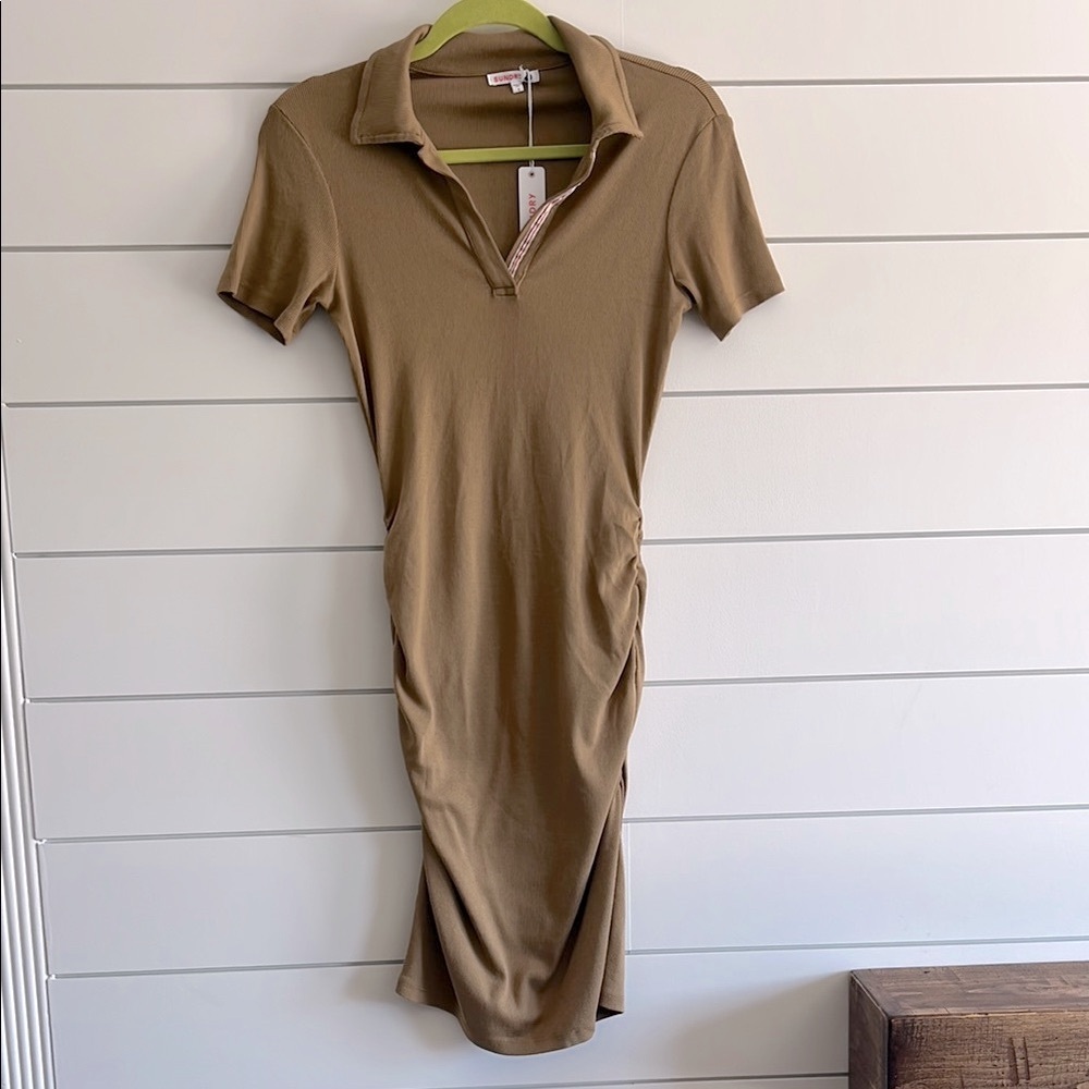 Sundry Green Ruched Midi Polo Dress